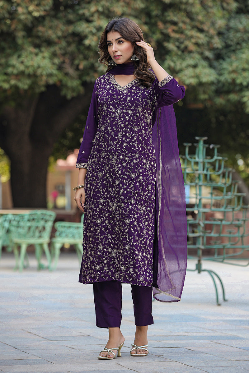 Purple Silk Blend Embroidered Straight Suit Set PKSKD1848