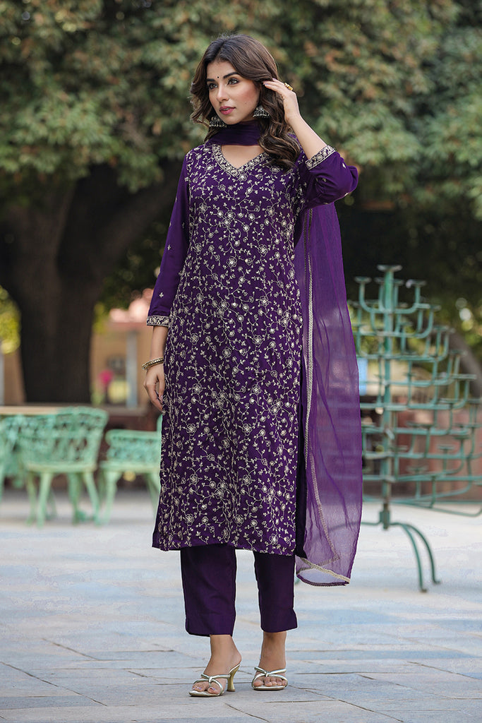 Purple Silk Blend Embroidered Straight Suit Set PKSKD1848