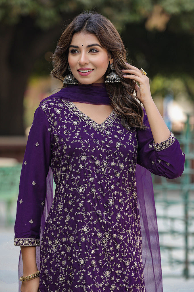 Purple Silk Blend Embroidered Straight Suit Set PKSKD1848