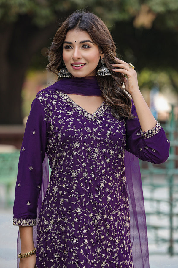 Purple Silk Blend Embroidered Straight Suit Set SETPKSKD1848 (M To 3XL Set)
