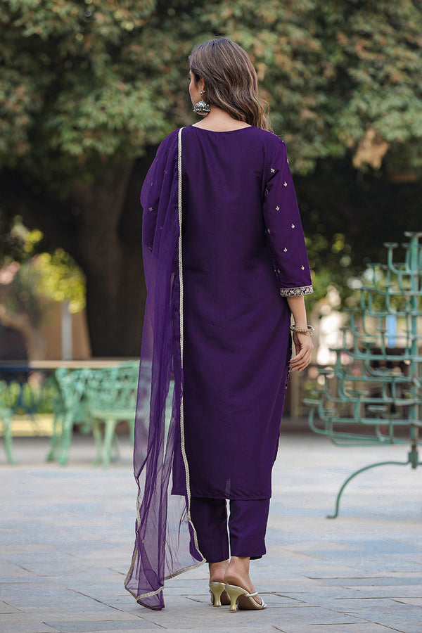 Purple Silk Blend Embroidered Straight Suit Set PKSKD1848
