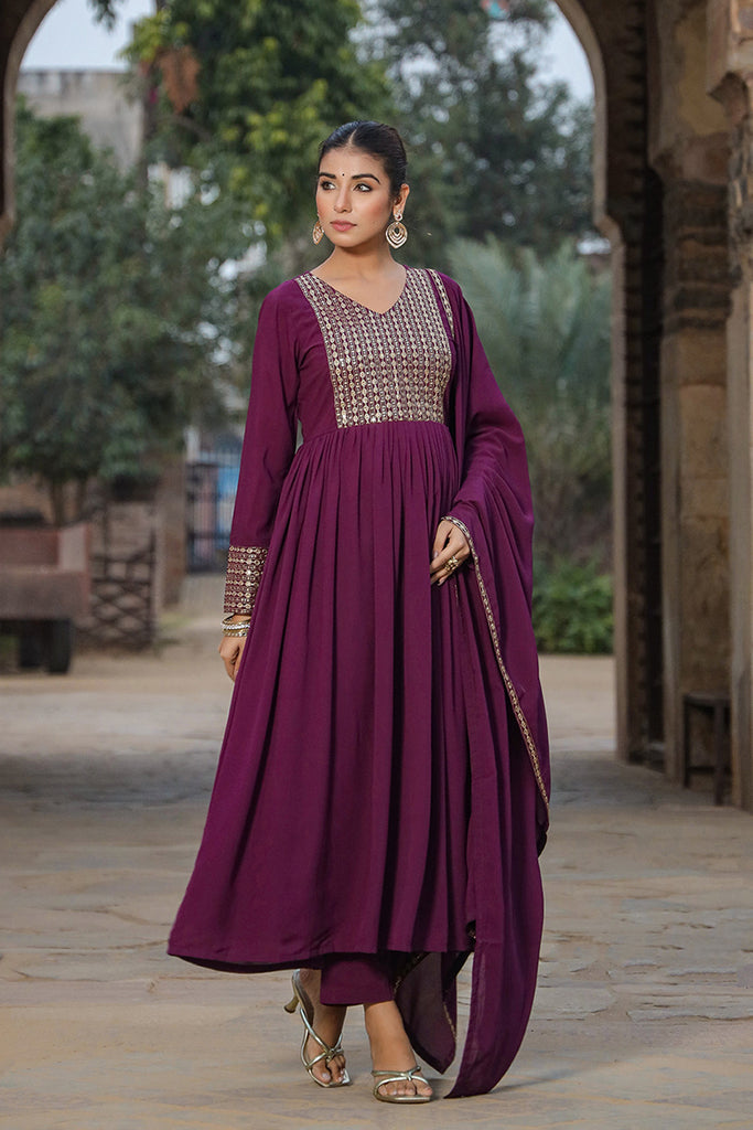 Burgundy Georgette Yoke Design Kurta Pant With Dupatta PKSKD1852