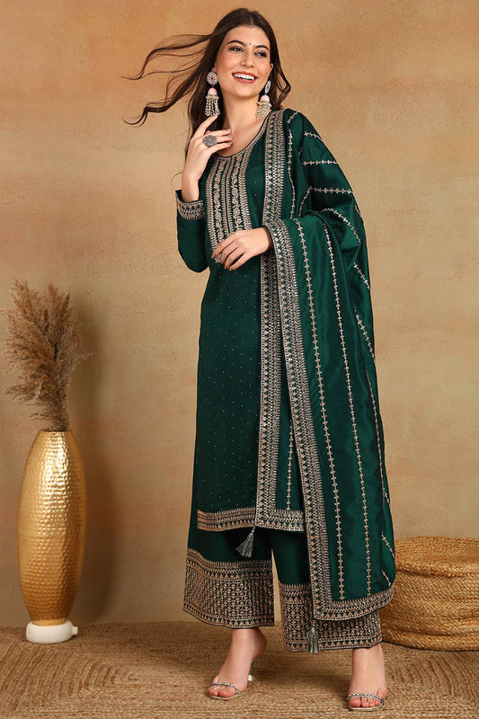 Green Silk Blend Straight Kurta Palazzo With Dupatta PKSKD1862