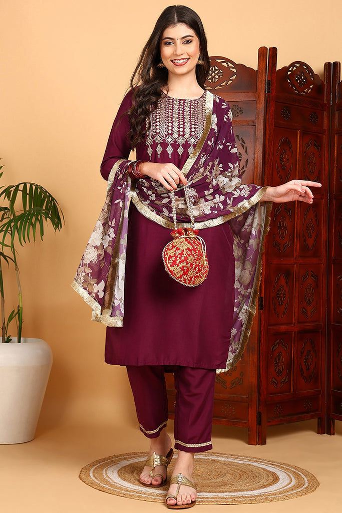 Purple Silk Blend Yoke Design Kurta Pant With Dupatta PKSKD1870