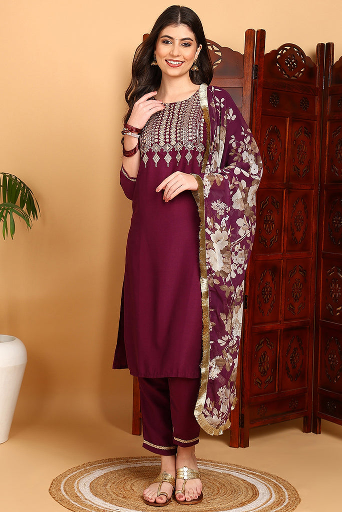 Purple Silk Blend Yoke Design Kurta Pant With Dupatta PKSKD1870