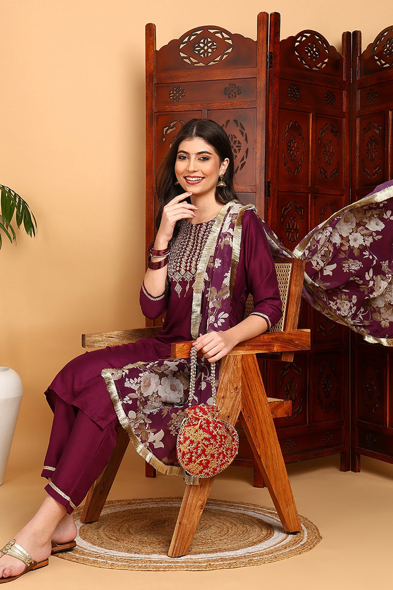 Purple Silk Blend Yoke Design Kurta Pant With Dupatta PKSKD1870