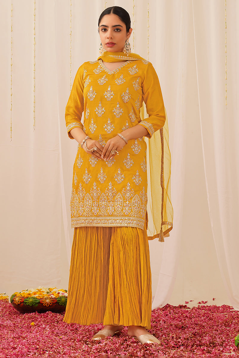 Mustard Silk Blend Straight Kurta Palazzo With Dupatta PKSKD1871