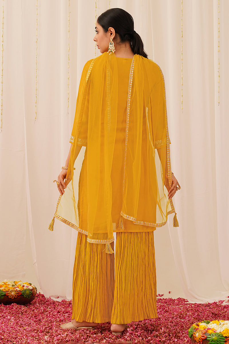 Mustard Silk Blend Straight Kurta Palazzo With Dupatta PKSKD1871