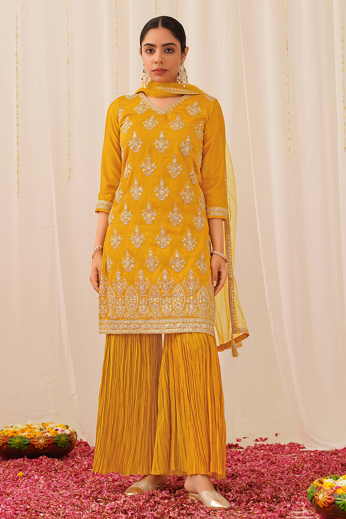 Mustard Silk Blend Straight Kurta Palazzo With Dupatta PKSKD1871