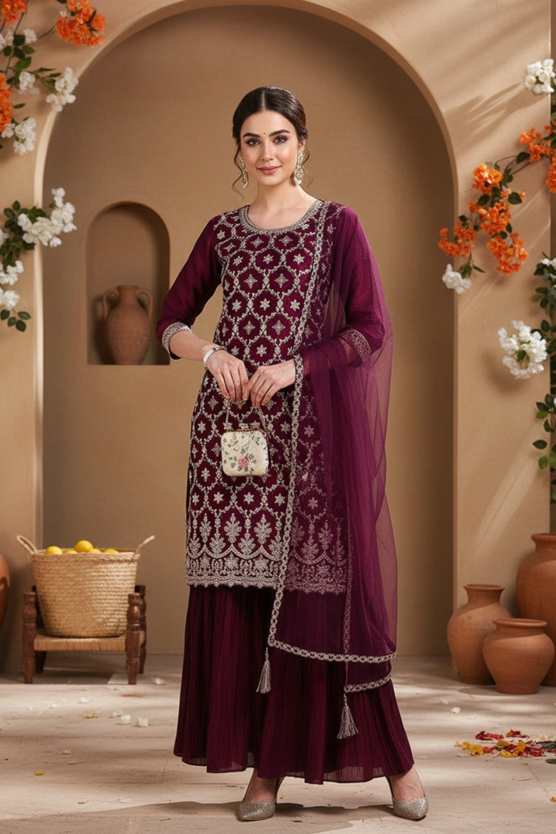 Wine Silk Blend Embroidered Straight Kurta Sharara With Dupatta PKSKD1873