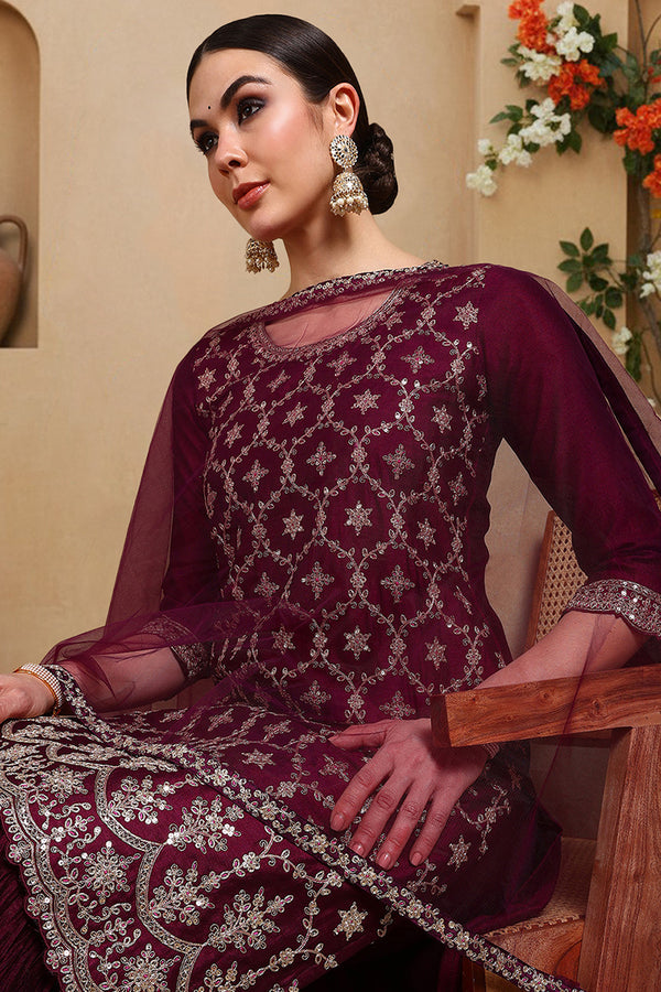 Wine Silk Blend Embroidered Straight Kurta Sharara With Dupatta PKSKD1873