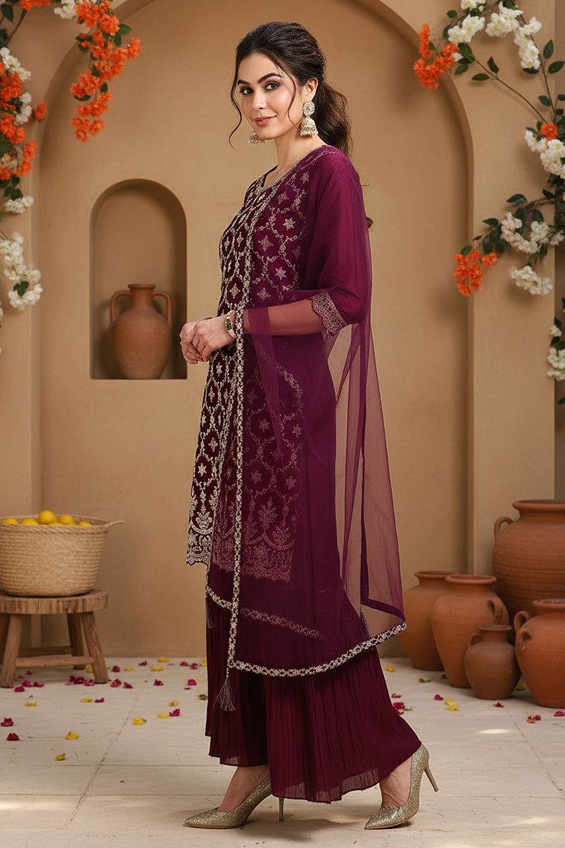 Wine Silk Blend Embroidered Straight Kurta Sharara With Dupatta PKSKD1873