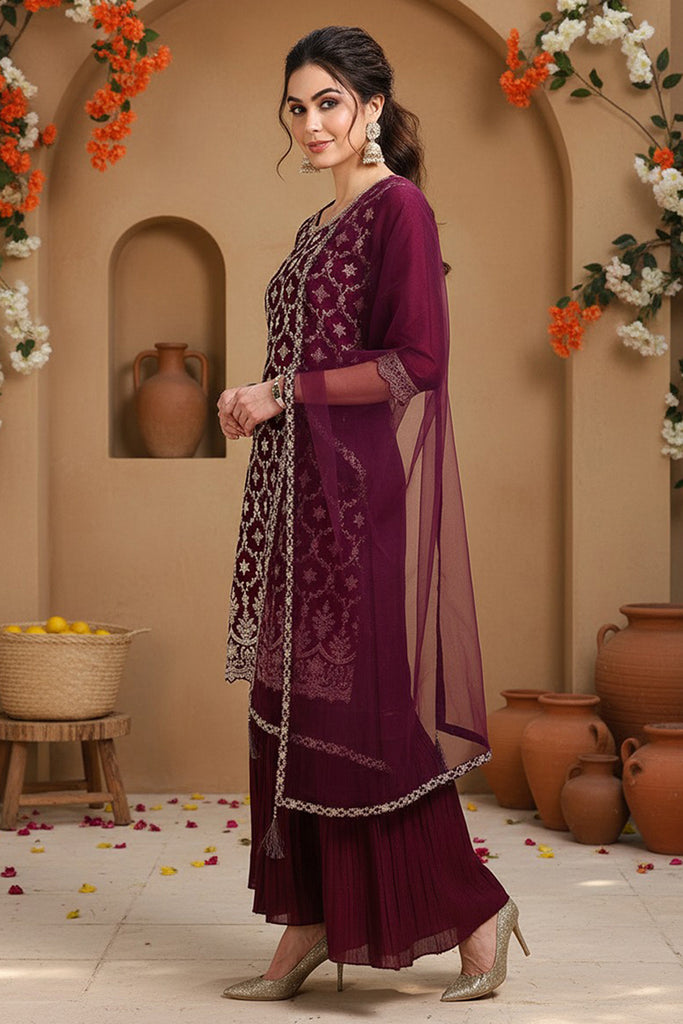 Wine Silk Blend Embroidered Straight Kurta Sharara With Dupatta PKSKD1873