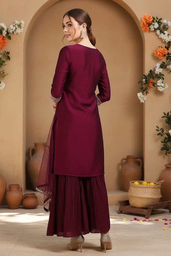 Wine Silk Blend Embroidered Straight Kurta Sharara With Dupatta PKSKD1873
