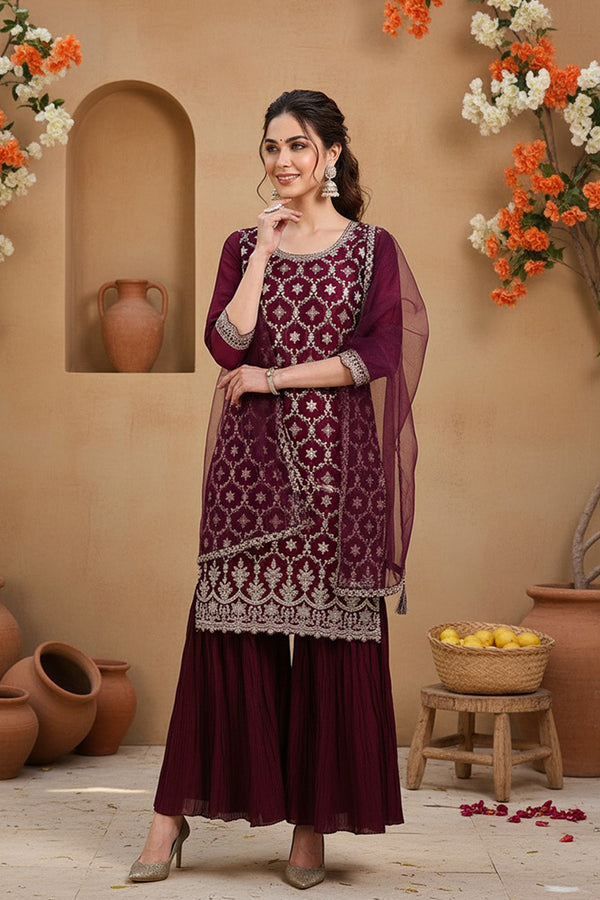 Wine Silk Blend Embroidered Straight Kurta Sharara With Dupatta PKSKD1873