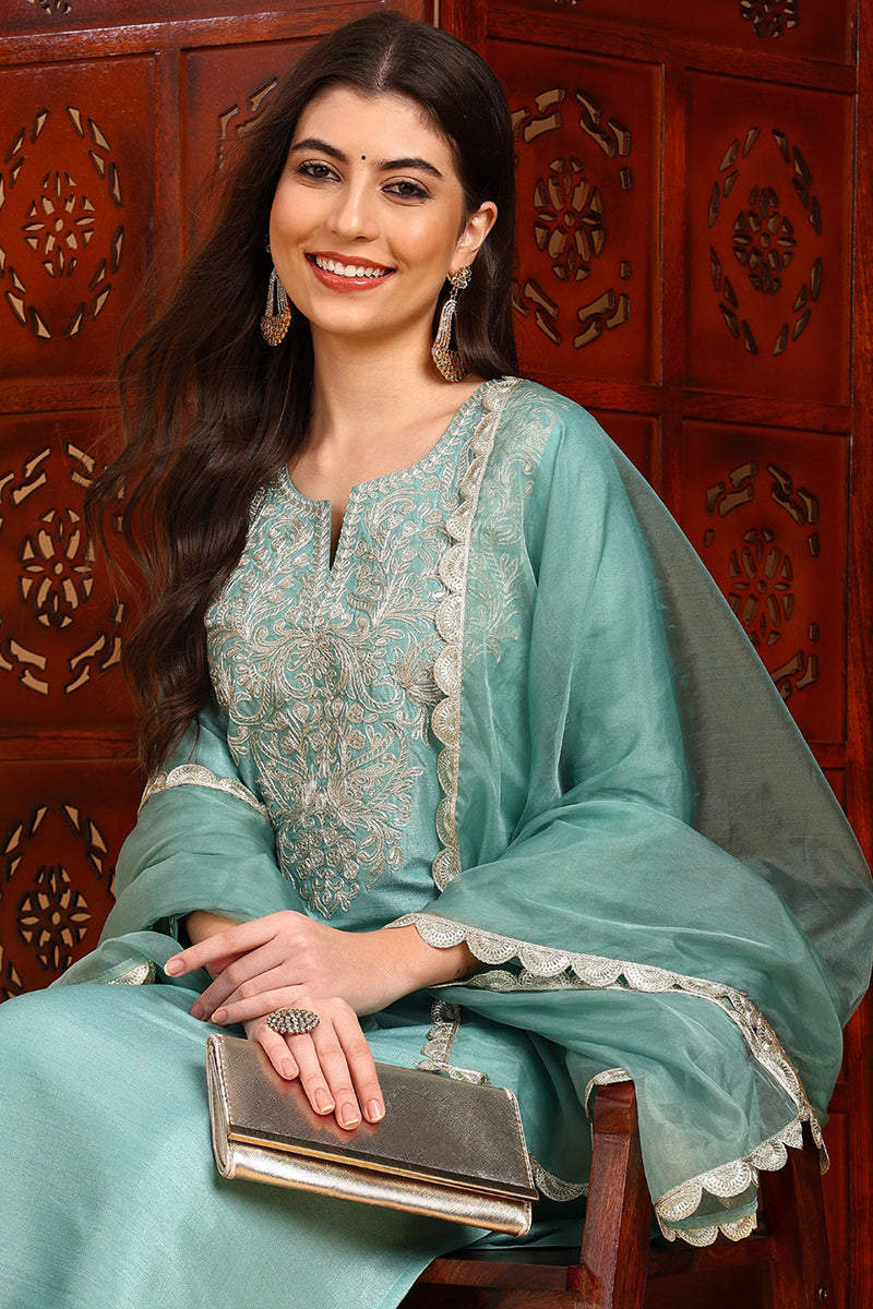 Sea Green Silk Blend Embroidered Straight Suit Set PKSKD1889