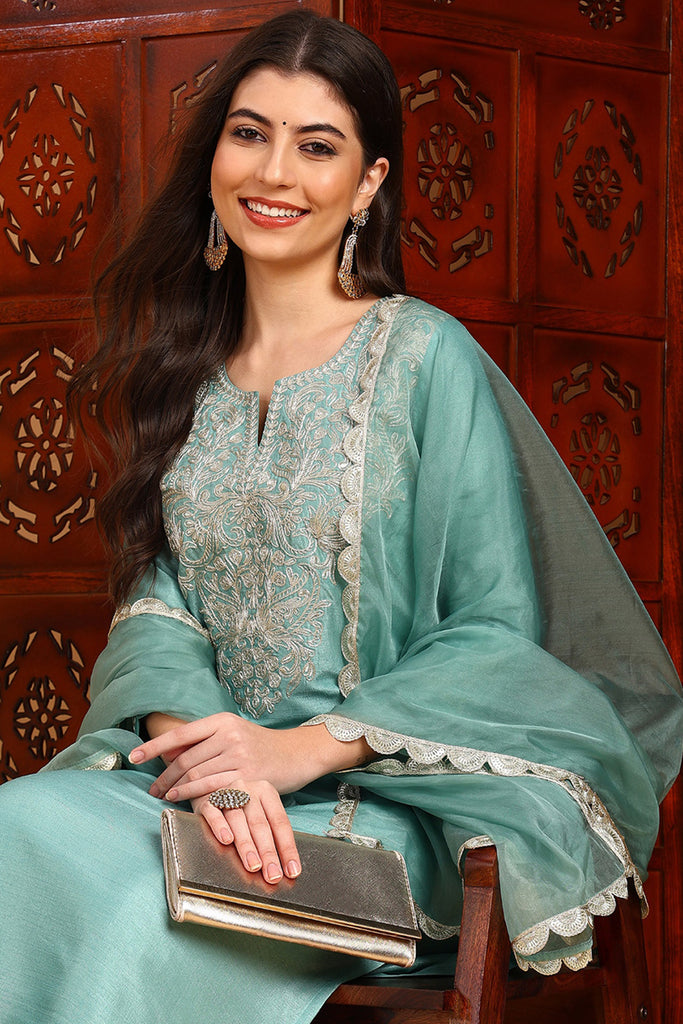 Sea Green Silk Blend Embroidered Straight Suit Set PKSKD1889