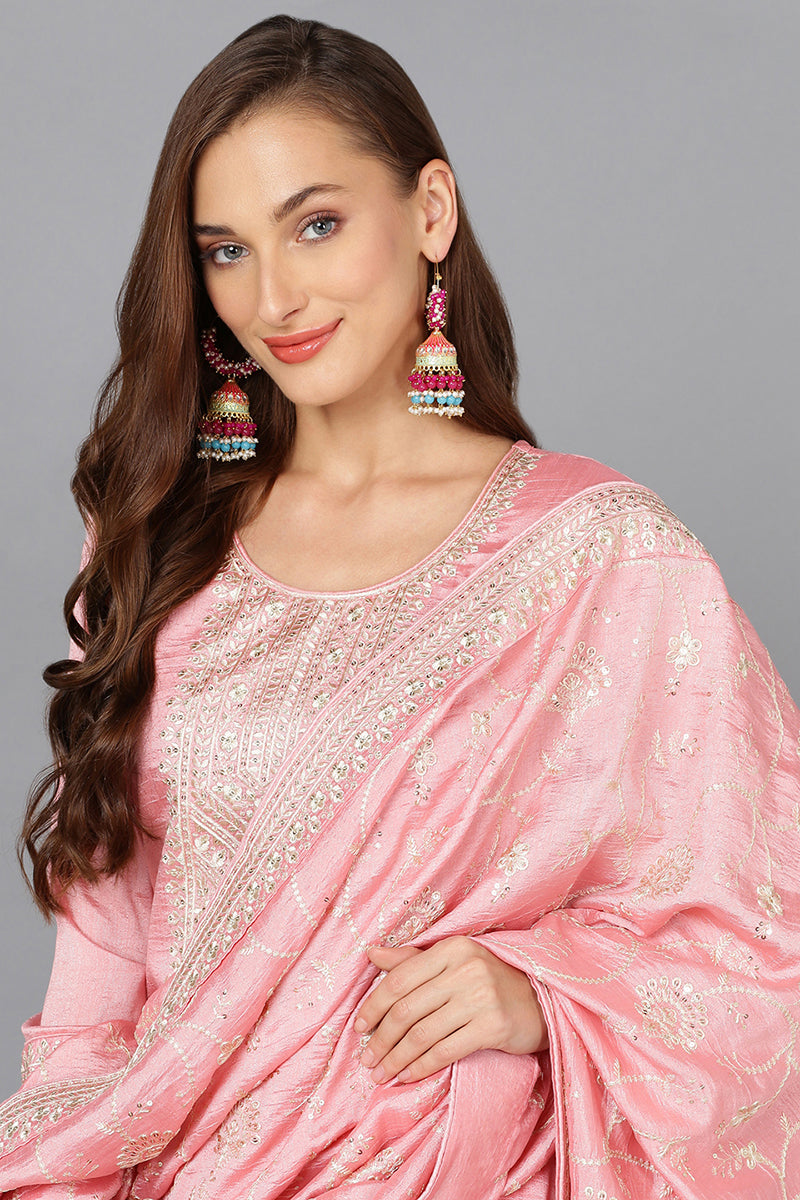 Pink Silk Blend Ethnic Motifs Straight Suit Set PKSKD1895