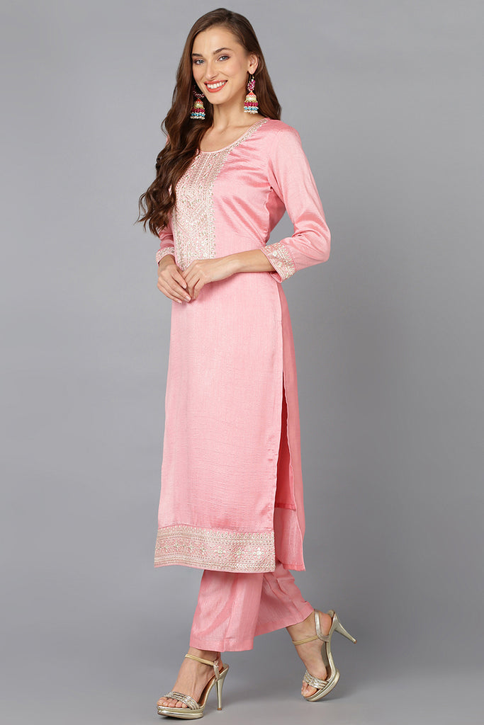 Pink Silk Blend Ethnic Motifs Straight Suit Set PKSKD1895