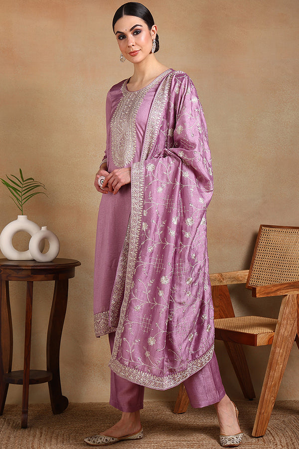 Lavender Silk Blend Straight Kurta Pant With Dupatta PKSKD1898