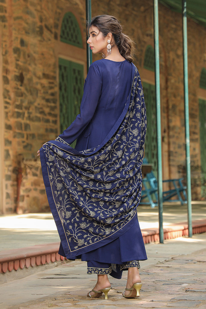 Prussian Blue Poly Georgette Angrakha Pant With Dupatta PKSKD1910