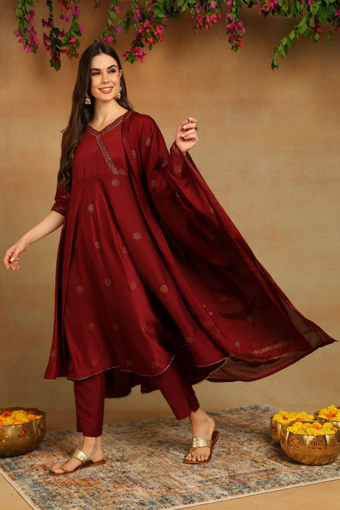 Maroon Silk Blend Anarkali Woven Design Kurta Pant With Dupatta PKSKD1915