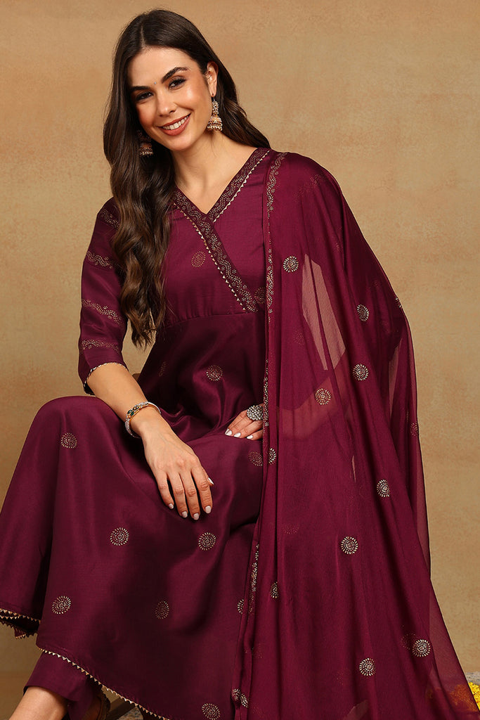 Burgundy Silk Blend Anarkali Woven Design Kurta Pant With Dupatta PKSKD1918