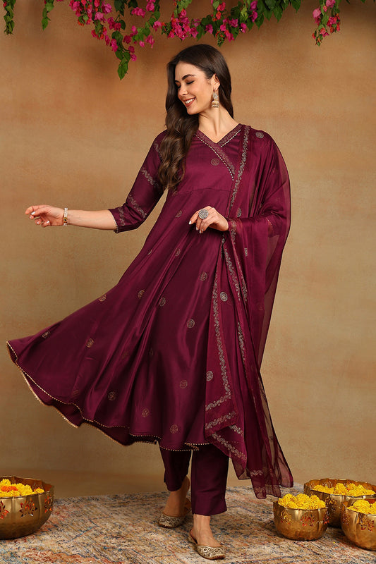 Burgundy Silk Blend Anarkali Woven Design Kurta Pant With Dupatta PKSKD1918