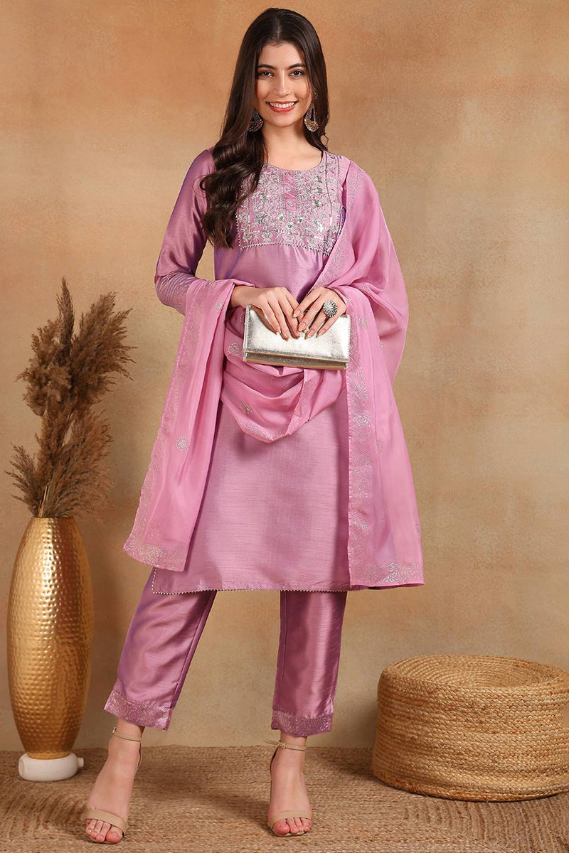 Lavender Silk Blend Straight Kurta Pant With Dupatta PKSKD1920