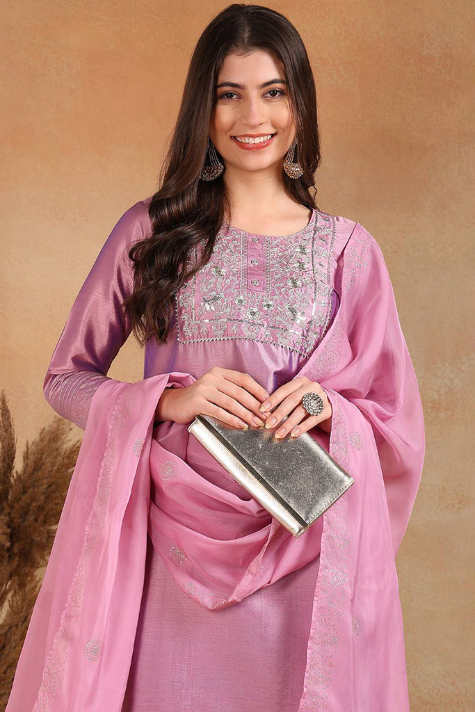 Lavender Silk Blend Straight Kurta Pant With Dupatta PKSKD1920