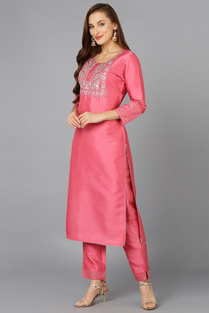 Pink Silk Blend Straight Kurta Pant With Dupatta PKSKD1923