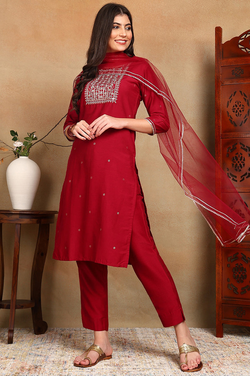 Maroon Silk Blend Rogan Work Straight Suit Set PKSKD1941