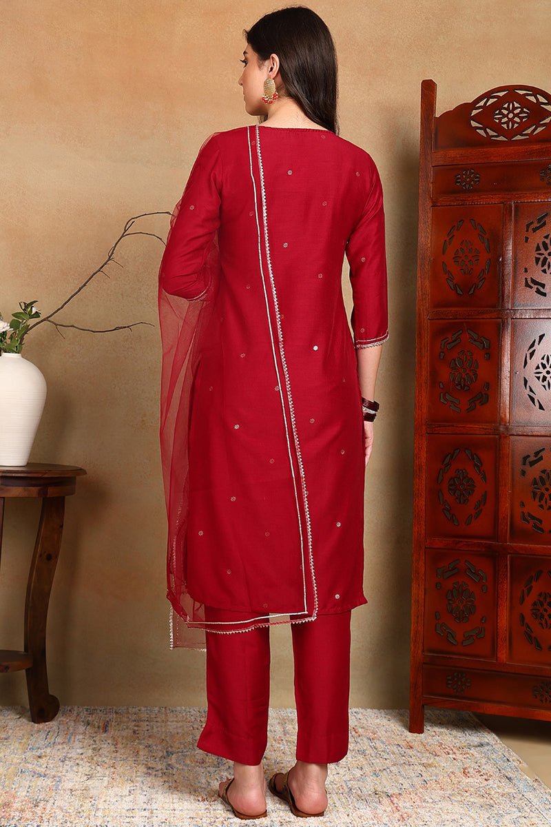 Maroon Silk Blend Rogan Work Straight Suit Set PKSKD1941