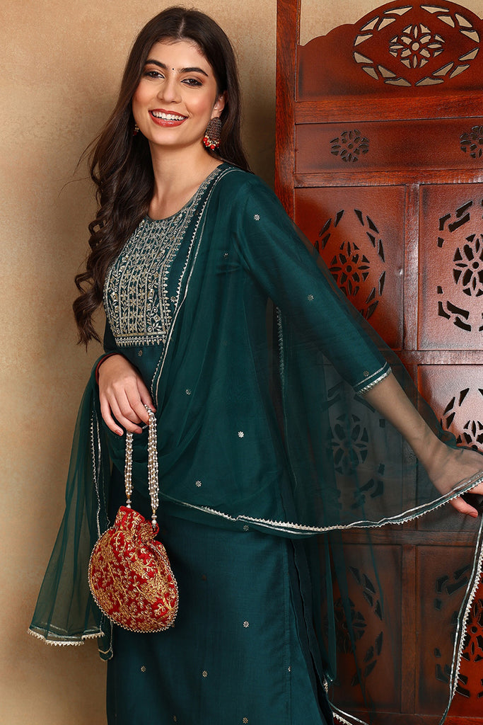 Green Silk Blend Rogan Work Straight Suit Set PKSKD1942