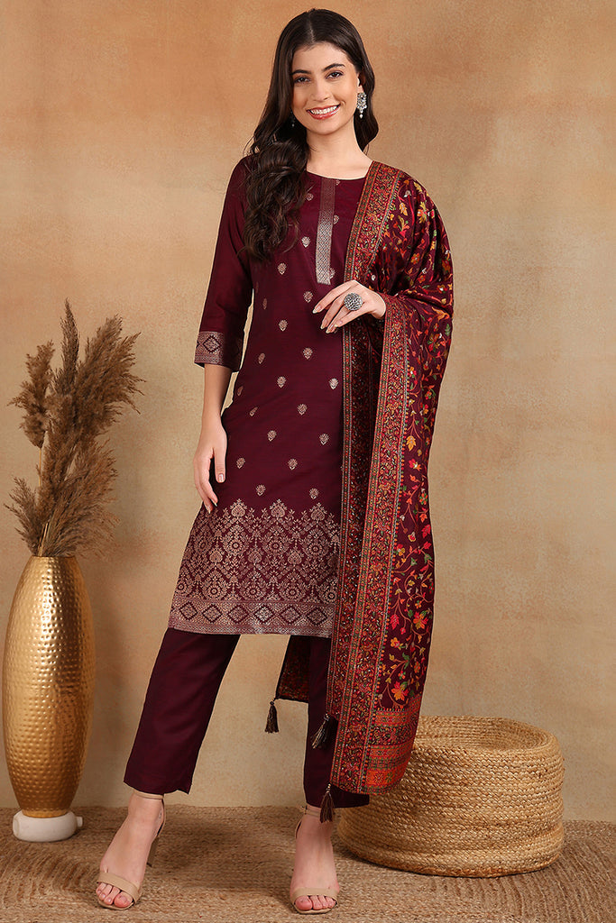 Burgundy Silk Blend Ethnic Straight Suit Set PKSKD1954