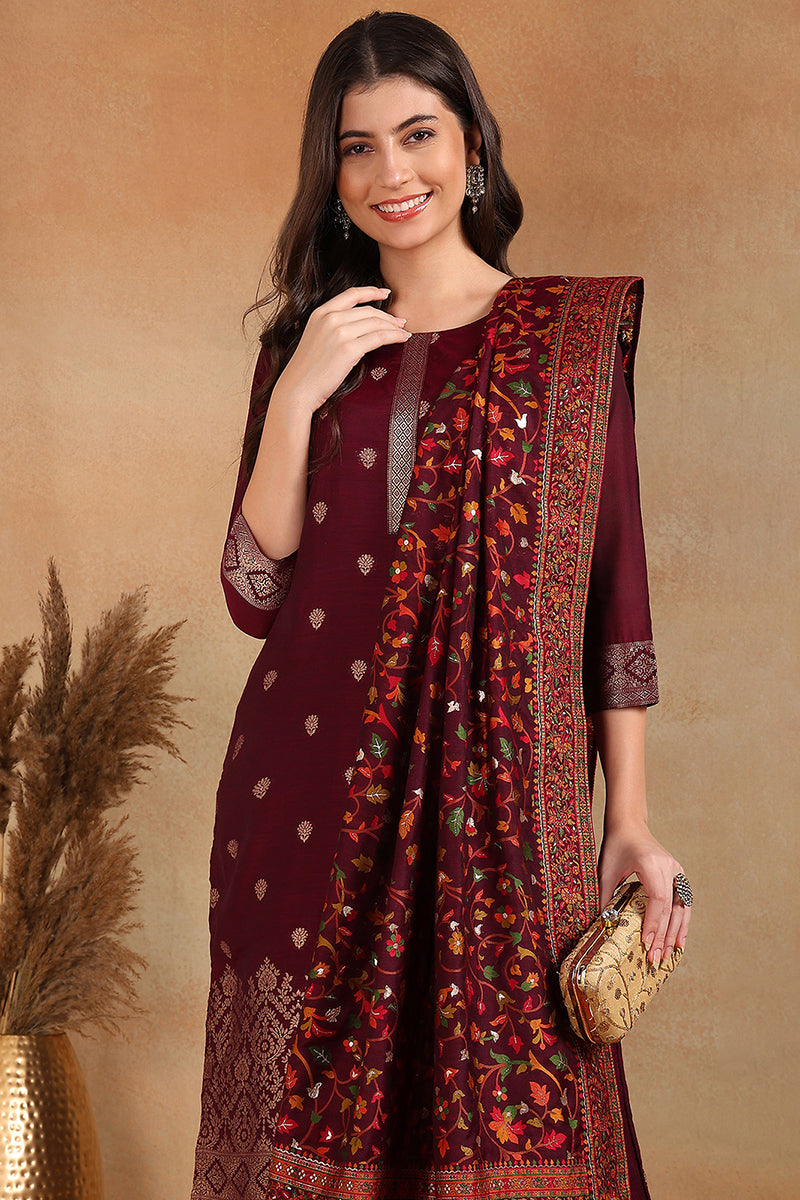 Burgundy Silk Blend Ethnic Straight Suit Set PKSKD1954