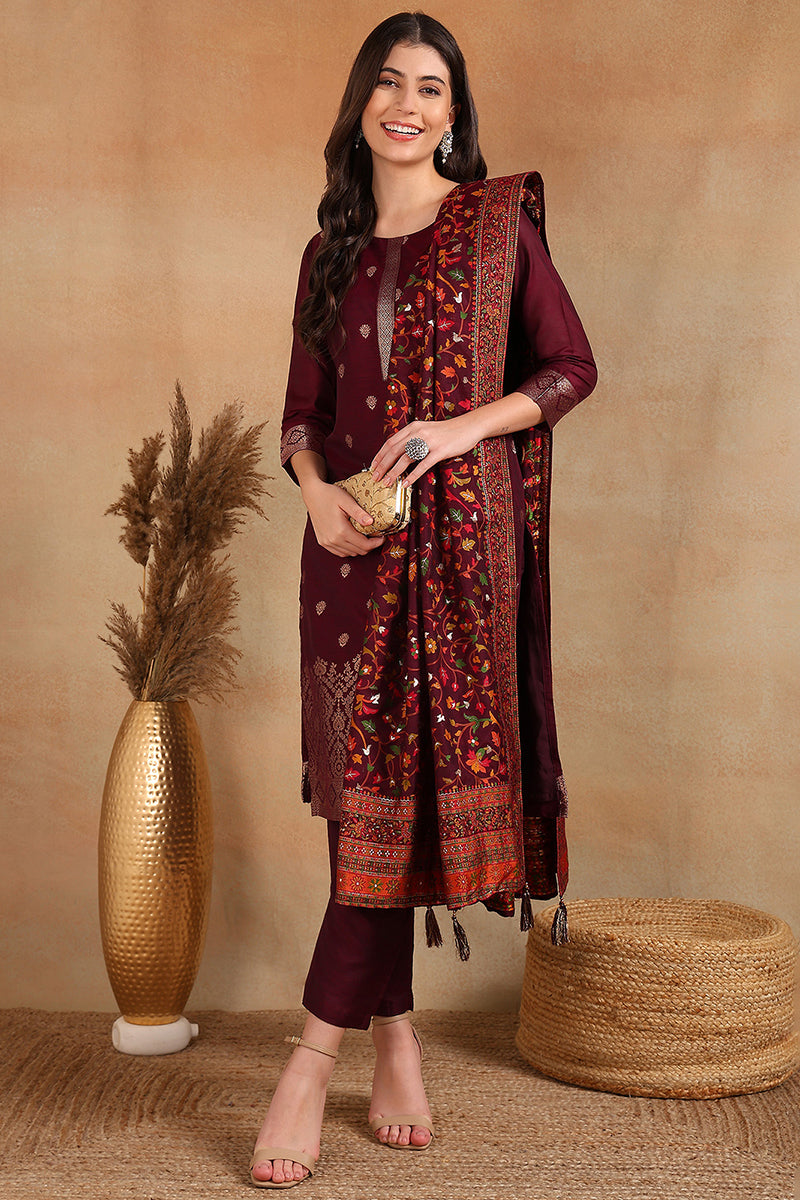 Burgundy Silk Blend Ethnic Straight Suit Set PKSKD1954