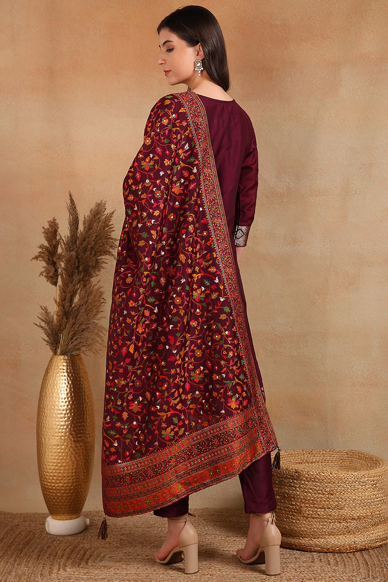 Burgundy Silk Blend Ethnic Straight Suit Set PKSKD1954