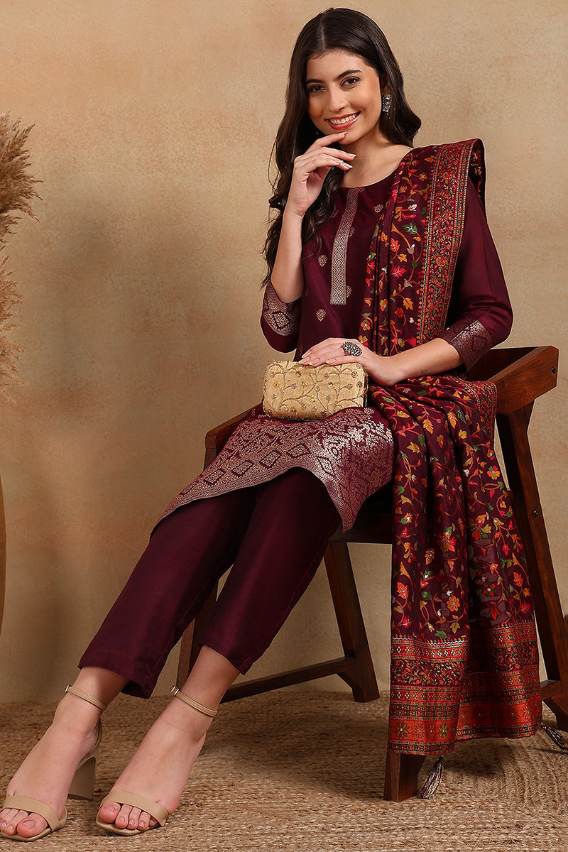 Burgundy Silk Blend Ethnic Straight Suit Set PKSKD1954