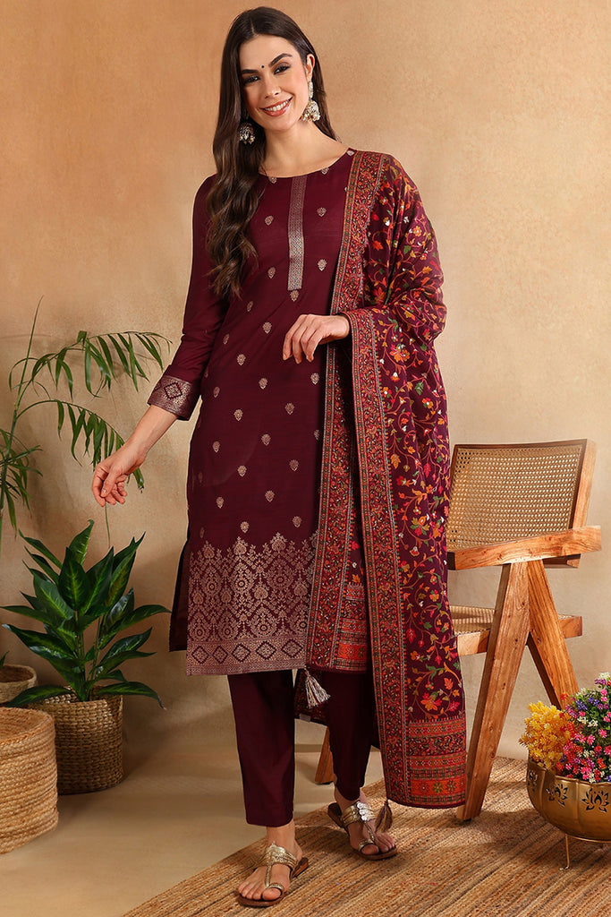 Burgundy Silk Blend Ethnic Straight Suit Set PKSKD1954