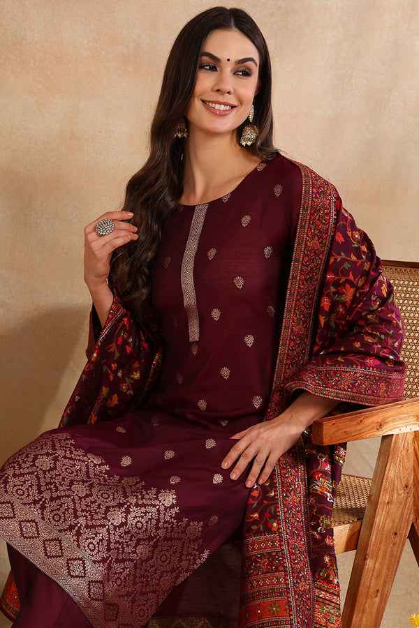 Burgundy Silk Blend Ethnic Straight Suit Set PKSKD1954