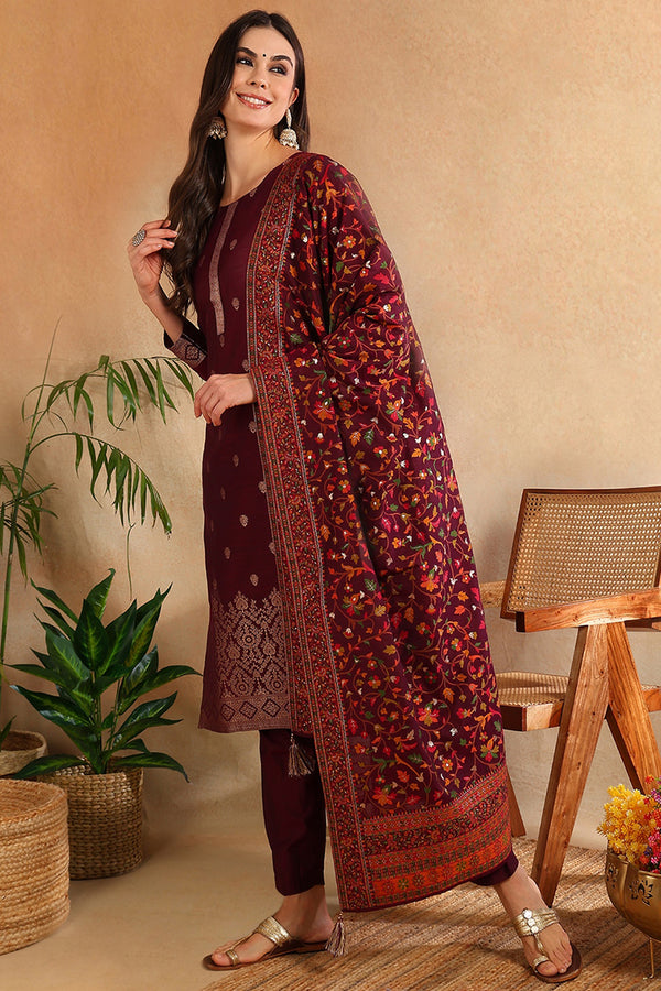 Burgundy Silk Blend Ethnic Straight Suit Set PKSKD1954