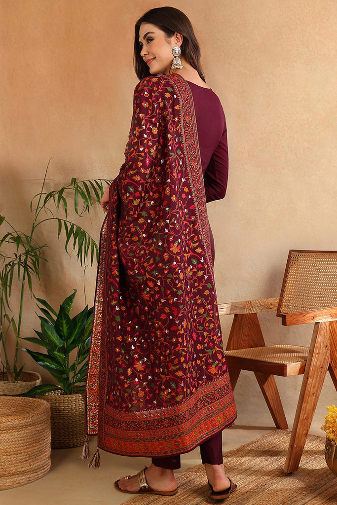 Burgundy Silk Blend Ethnic Straight Suit Set PKSKD1954