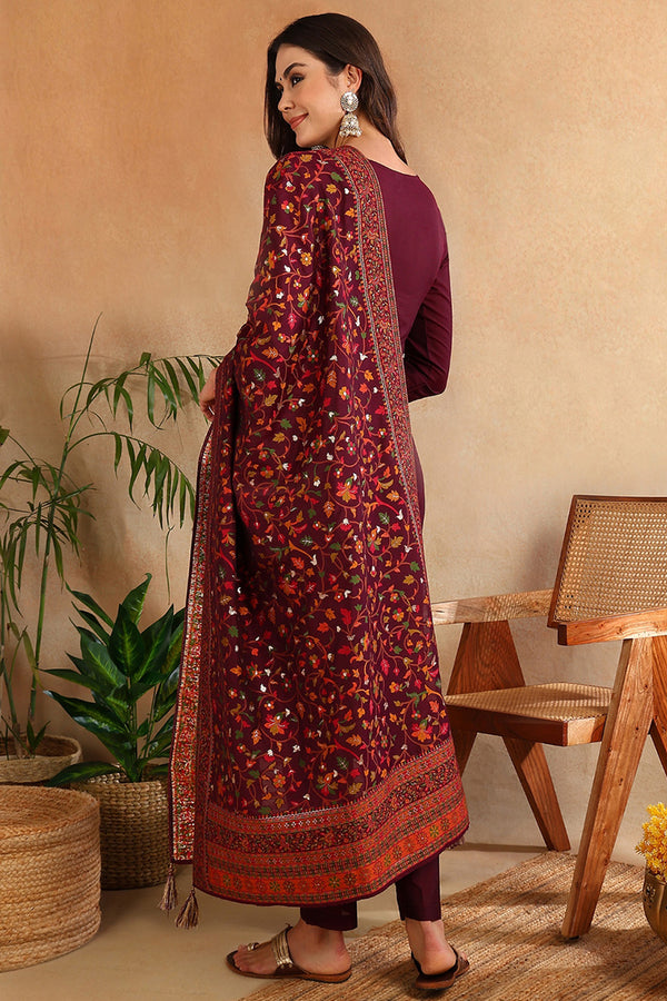 Burgundy Silk Blend Ethnic Straight Suit Set PKSKD1954