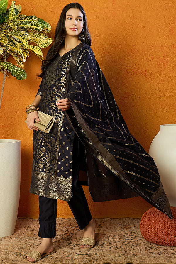 Navy Blue Poly Chanderi Jacquard Straight Suit Set PKSKD1974