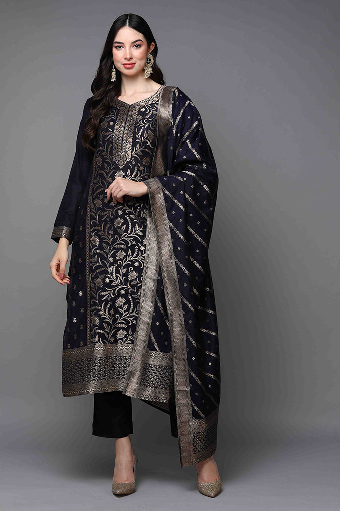 Navy Blue Poly Chanderi Jacquard Straight Suit Set PKSKD1974