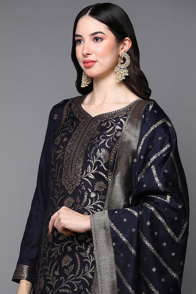 Navy Blue Poly Chanderi Jacquard Straight Suit Set PKSKD1974