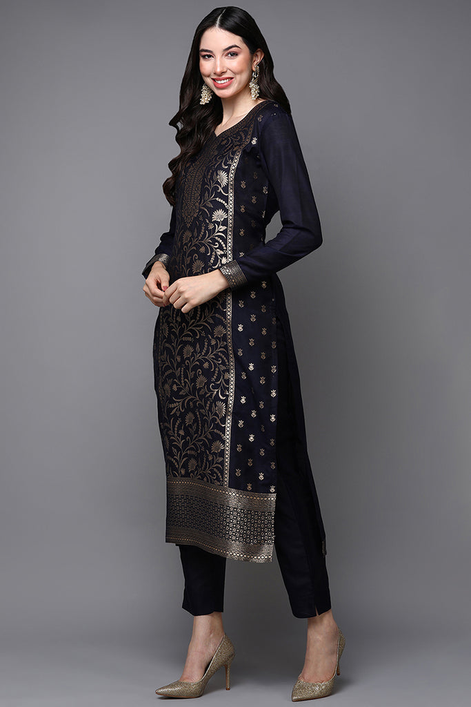 Navy Blue Poly Chanderi Jacquard Straight Suit Set PKSKD1974