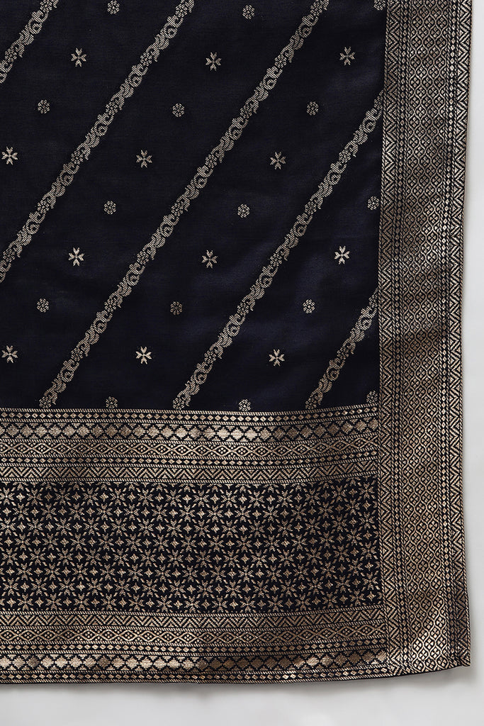 Navy Blue Poly Chanderi Jacquard Straight Suit Set PKSKD1974