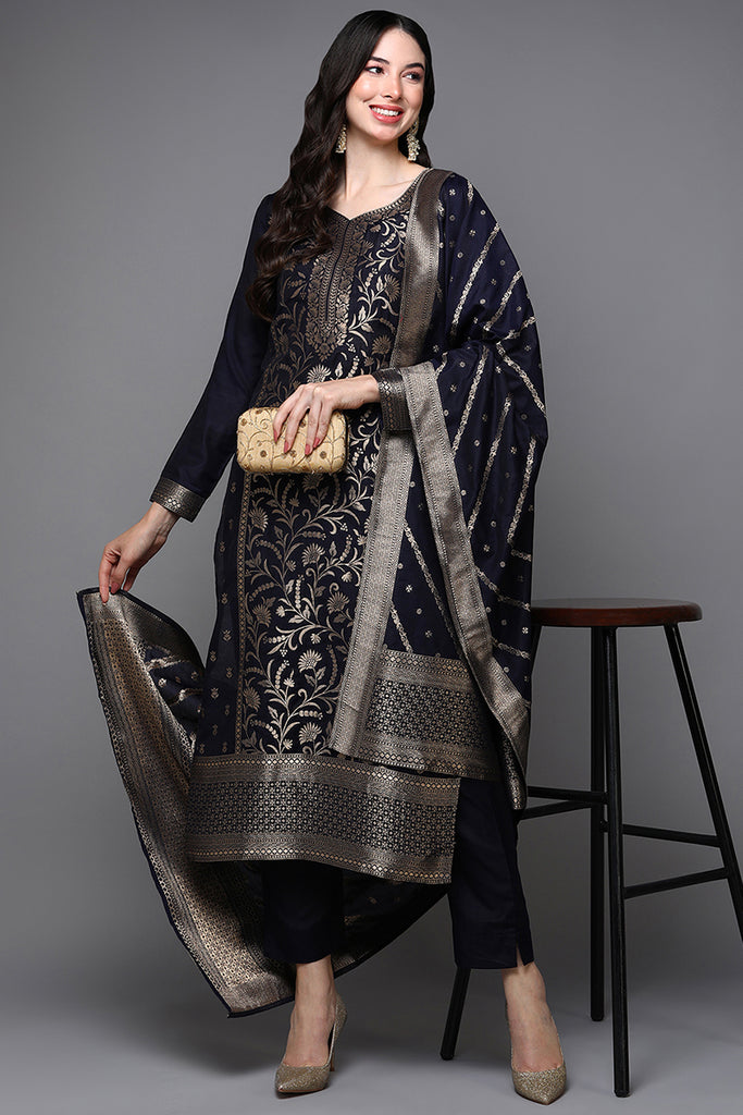 Navy Blue Poly Chanderi Jacquard Straight Suit Set PKSKD1974